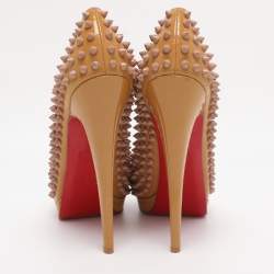 Pre Owned Christian Louboutin Beige Patent Leather Alti Spiked Platform Pumps Size 39