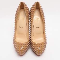 Pre Owned Christian Louboutin Beige Patent Leather Alti Spiked Platform Pumps Size 39