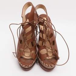 Pre Owned Christian Louboutin Brown Leather Spagana Wedge Sandals Size 38