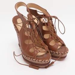 Pre Owned Christian Louboutin Brown Leather Spagana Wedge Sandals Size 38