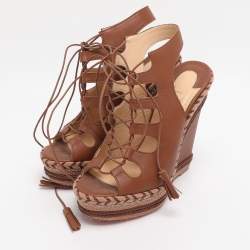 Pre Owned Christian Louboutin Brown Leather Spagana Wedge Sandals Size 38
