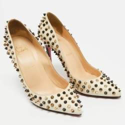 Pre Owned Christian Louboutin White Leather Multicolor Spikes Pigalle Pumps Size 39.5