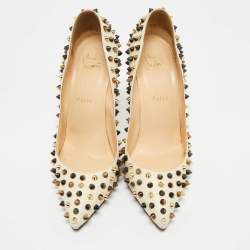 Pre Owned Christian Louboutin White Leather Multicolor Spikes Pigalle Pumps Size 39.5