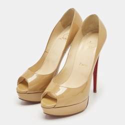 Pre Owned Christian Louboutin Beige Patent Leather Very Prive Peep Toe Pumps Size 39