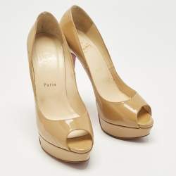 Pre Owned Christian Louboutin Beige Patent Leather Very Prive Peep Toe Pumps Size 39