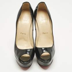 Pre Owned Christian Louboutin Black Patent Leather Lady Peep Toe Pumps Size 38