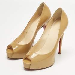 Pre Owned Christian Louboutin Beige Patent Leather Very Prive Peep Toe Pumps Size 37