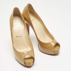 Pre Owned Christian Louboutin Beige Patent Leather Very Prive Peep Toe Pumps Size 37