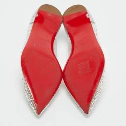 Pre Owned Christian Louboutin Silver/Transparent Leather and PVC Crystal Embellished Degrassita Ballet Flats Size 37