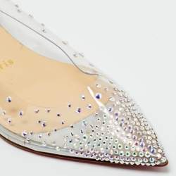 Pre Owned Christian Louboutin Silver/Transparent Leather and PVC Crystal Embellished Degrassita Ballet Flats Size 37
