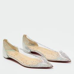 Pre Owned Christian Louboutin Silver/Transparent Leather and PVC Crystal Embellished Degrassita Ballet Flats Size 37