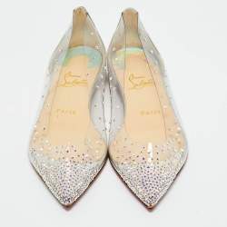 Pre Owned Christian Louboutin Silver/Transparent Leather and PVC Crystal Embellished Degrassita Ballet Flats Size 37
