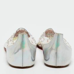 Pre Owned Christian Louboutin Silver/Transparent Leather and PVC Crystal Embellished Degrassita Ballet Flats Size 37