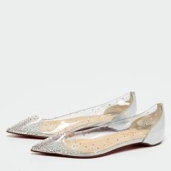 Pre Owned Christian Louboutin Silver/Transparent Leather and PVC Crystal Embellished Degrassita Ballet Flats Size 37