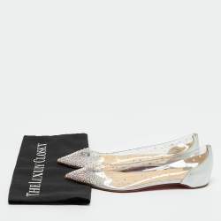 Pre Owned Christian Louboutin Silver/Transparent Leather and PVC Crystal Embellished Degrassita Ballet Flats Size 37