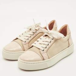 Pre Owned Christian Louboutin Cream/Beige Canvas and Croc Embossed Leather Vieirissima Low Top Sneakers Size 38