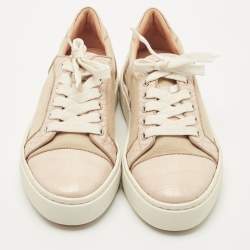 Pre Owned Christian Louboutin Cream/Beige Canvas and Croc Embossed Leather Vieirissima Low Top Sneakers Size 38