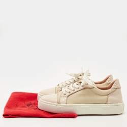Pre Owned Christian Louboutin Cream/Beige Canvas and Croc Embossed Leather Vieirissima Low Top Sneakers Size 38