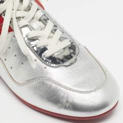 Pre Owned Christian Louboutin Silver Leather My K low Lace Up Sneakers Size 38.5