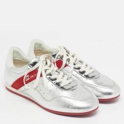 Pre Owned Christian Louboutin Silver Leather My K low Lace Up Sneakers Size 38.5