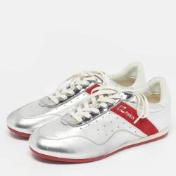 Pre Owned Christian Louboutin Silver Leather My K low Lace Up Sneakers Size 38.5