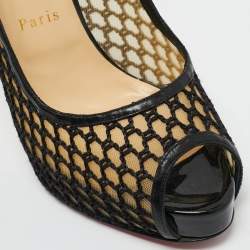 Pre Owned Christian Louboutin Black Patent Leather and Mesh Guni Spiked Peep Toe Platform Pumps Size 40.5