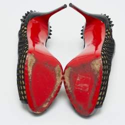 Pre Owned Christian Louboutin Black Patent Leather and Mesh Guni Spiked Peep Toe Platform Pumps Size 40.5