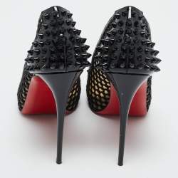 Pre Owned Christian Louboutin Black Patent Leather and Mesh Guni Spiked Peep Toe Platform Pumps Size 40.5