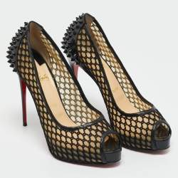 Pre Owned Christian Louboutin Black Patent Leather and Mesh Guni Spiked Peep Toe Platform Pumps Size 40.5