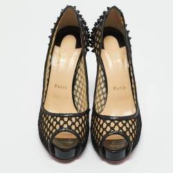 Pre Owned Christian Louboutin Black Patent Leather and Mesh Guni Spiked Peep Toe Platform Pumps Size 40.5