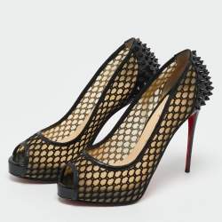 Pre Owned Christian Louboutin Black Patent Leather and Mesh Guni Spiked Peep Toe Platform Pumps Size 40.5