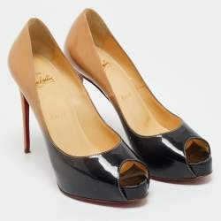 Pre Owned Christian Louboutin Beige/Black Patent Leather Very Prive Platform Pumps Size 37.5