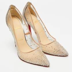 مملوكة مسبقًا Christian Louboutin Beige Mesh, Glitter and Leather Follies Strass Pumps Size 39