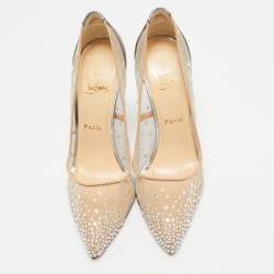 مملوكة مسبقًا Christian Louboutin Beige Mesh, Glitter and Leather Follies Strass Pumps Size 39