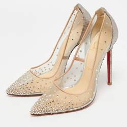 مملوكة مسبقًا Christian Louboutin Beige Mesh, Glitter and Leather Follies Strass Pumps Size 39
