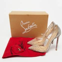 مملوكة مسبقًا Christian Louboutin Beige Mesh, Glitter and Leather Follies Strass Pumps Size 39