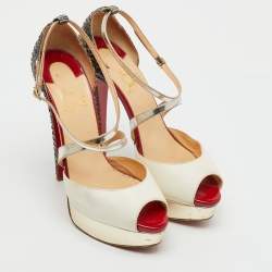 Pre Owned Christian Louboutin Multicolor Python and Leather Crisscross Peep Toe Platform Pumps Size 38