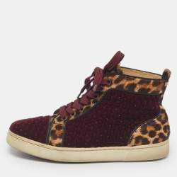 Pre Owned Christian Louboutin Burgundy/Brown Leopard Print Calf Hair And Velvet Louis Orlato Sneakers Size 37