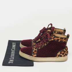 Pre Owned Christian Louboutin Burgundy/Brown Leopard Print Calf Hair And Velvet Louis Orlato Sneakers Size 37