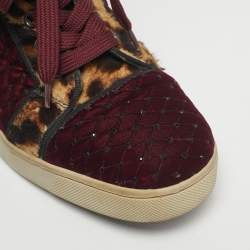 Pre Owned Christian Louboutin Burgundy/Brown Leopard Print Calf Hair And Velvet Louis Orlato Sneakers Size 37