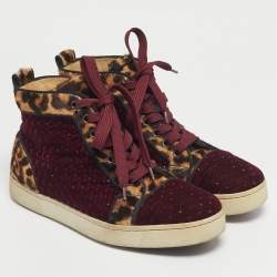 Pre Owned Christian Louboutin Burgundy/Brown Leopard Print Calf Hair And Velvet Louis Orlato Sneakers Size 37
