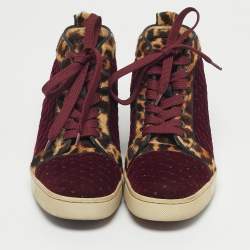 Pre Owned Christian Louboutin Burgundy/Brown Leopard Print Calf Hair And Velvet Louis Orlato Sneakers Size 37