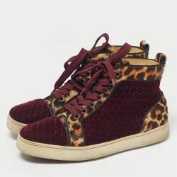 Pre Owned Christian Louboutin Burgundy/Brown Leopard Print Calf Hair And Velvet Louis Orlato Sneakers Size 37