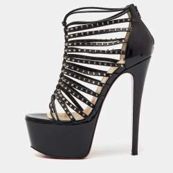 Pre Owned Christian Louboutin Black Patent and Leather Spike Millaclou Cage Platform Sandals Size 38.5