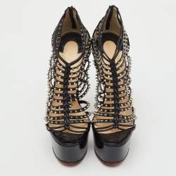 مملوكة مسبقًا Christian Louboutin Black Patent and Leather Spike Millaclou Cage Platform Sandals Size 38.5