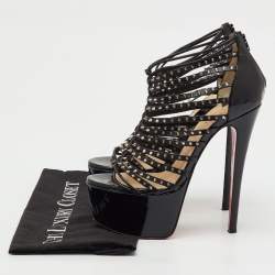 مملوكة مسبقًا Christian Louboutin Black Patent and Leather Spike Millaclou Cage Platform Sandals Size 38.5