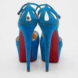 Pre Owned Christian Louboutin Blue Suede Mayada T-Strap Platform Pumps Size 38.5