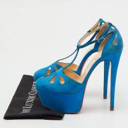 Pre Owned Christian Louboutin Blue Suede Mayada T-Strap Platform Pumps Size 38.5