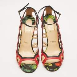 Pre Owned حذاء كعب عالي كريستيان لوبوتان هولا جلد مقطع أحمر/أسود مفتوح من الأمام مقاس 39