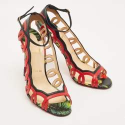 Pre Owned حذاء كعب عالي كريستيان لوبوتان هولا جلد مقطع أحمر/أسود مفتوح من الأمام مقاس 39